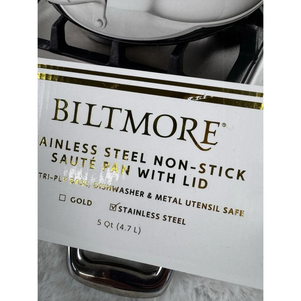 New Biltmore Stainless‎ Steel Non-Stick Saute Pan With Lid 5 Qt Tri-Ply Base